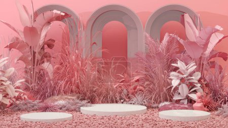 Photo for Natural beauty podium backdrop for product display with abstract garden scene. Pink podium in tropical forest for product presentation and pastel wall. 3d render - Royalty Free Image