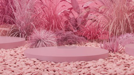 Foto de Fondo de podio de belleza natural para la exhibición del producto con escena abstracta del jardín. Pódium rosado en bosque tropical para presentación de productos y pared de pastel. 3d renderizar - Imagen libre de derechos