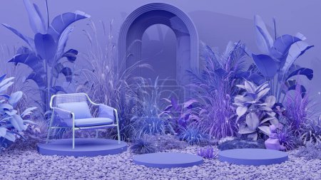 Foto de Fondo de podio de belleza natural para la exhibición del producto con escena abstracta del jardín. púrpura podio y sillón en bosque tropical para la presentación del producto y la pared púrpura. 3d renderizar - Imagen libre de derechos