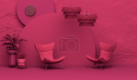Photo for Viva magenta is a trend colour year 2023 in the living room. Creative interior design in dark pink studio with furnitures and chair,clock, plant pot. 3d render - Royalty Free Image