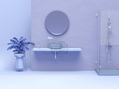 Photo for 3D render an empty purple blue vanity counter with washbasin and modern style faucet. Blank space for products display mockup. Trendy color for social media banners. - Royalty Free Image