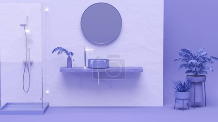 Téléchargez les photos : 3D rend un comptoir de vanité bleu pourpre vide avec lavabo et robinet de style moderne. Espace vide pour l'affichage de maquettes de produits. Couleur tendance pour les bannières de médias sociaux. - en image libre de droit