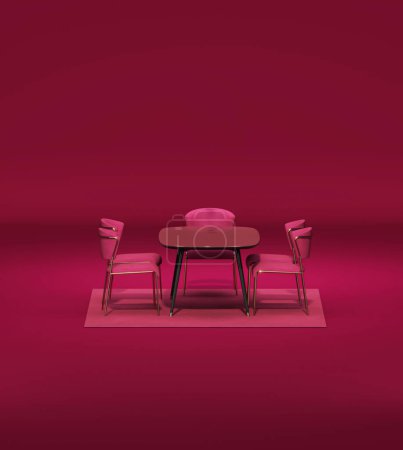 Photo for Interior of the room in plain monochrome red color with table dinner and lamp. Luxury background with copy space. 3D rendering for web page, presentation. Viva Magenta color. - Royalty Free Image