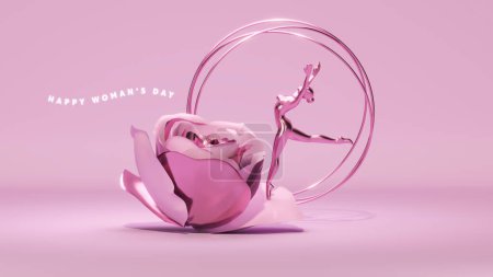 Foto de Día Internacional de la Mujer. 8 de marzo. Chica de ballet con flores de color rosa sobre fondo pastel. Feminidad, Feliz Día de la Madre. renderizado 3d. - Imagen libre de derechos