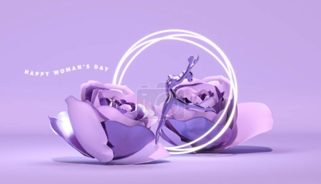 Photo for International Women's Day. 8 march. Ballet girl with rose flowers on purple background. Femininity, Happy Mother's Day. 3d rendering. - Royalty Free Image