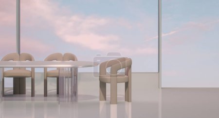 Téléchargez les photos : Fond panoramique abstrait. Paysage fantastique avec table murale en verre dîner et ciel dégradé pastel. Scène d'installation de mur et de cadre avec forme d'arc géométrique. Rendu 3d. - en image libre de droit