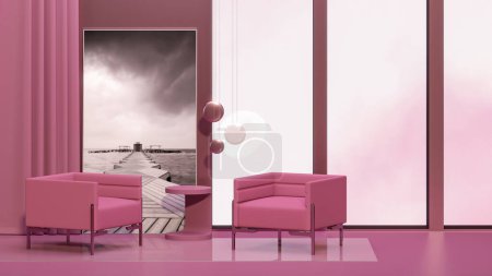 Foto de Viva magenta es un año tendencia color 2023 en la sala de estar. Interior de la habitación en liso monocromo de color rosa oscuro con muebles y silla, marco de imagen. 3d renderizar - Imagen libre de derechos