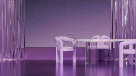 Téléchargez les photos : Fond panoramique abstrait. Paysage fantastique avec table murale en verre dîner et ciel dégradé violet. vue sur le ciel. 3d rendu - en image libre de droit