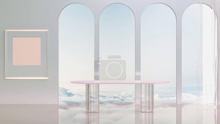 Photo for Abstract panoramic background. Fantastic landscape with glass wall table dinner and pastel gradient sky. Wall and frame installation scene with geometric arch form. 3d rendering. - Royalty Free Image