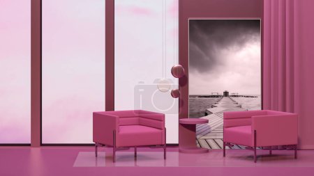 Téléchargez les photos : Viva magenta est une couleur tendance de l'année 2023 dans le salon. Intérieur de la chambre en monochrome uni couleur rose foncé avec des meubles et une chaise, cadre photo. 3d rendu - en image libre de droit