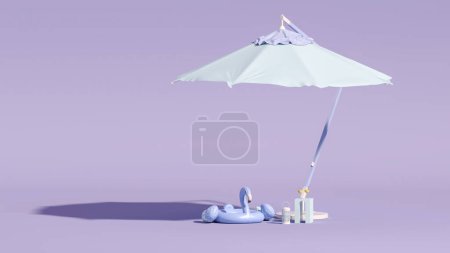 Téléchargez les photos : Parapluie de plage avec chaises et accessoires de plage sur fond violet. Concept de voyage vacances d'été. Rendez-vous 3D tendance pour les bannières de médias sociaux, la promotion. ambiance estivale - en image libre de droit