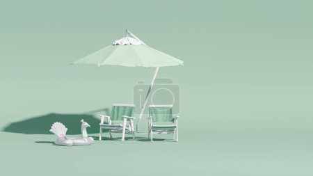Téléchargez les photos : Parapluie avec chaises et accessoires de plage, flamant rose gonflable sur fond vert pastel. Concept de voyage vacances d'été. Rendez-vous 3D tendance pour les bannières de médias sociaux, la promotion. ambiance estivale - en image libre de droit