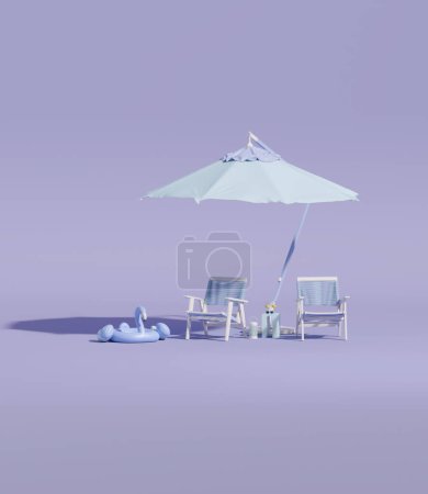 Foto de Sombrilla de playa con sillas y accesorios de playa sobre fondo morado. Concepto de viaje de verano. Renderizado 3d de moda para banners de redes sociales, promoción. ambiente de verano - Imagen libre de derechos