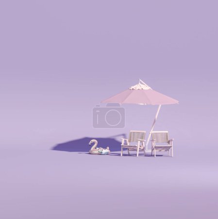Téléchargez les photos : Parapluie de plage avec chaises et accessoires de plage, flamant rose gonflable sur fond violet. Concept de voyage vacances d'été. Rendez-vous 3D tendance pour les bannières de médias sociaux, la promotion. ambiance estivale - en image libre de droit