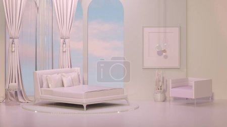 Foto de Fondo panorámico abstracto. Fantástico paisaje con cama rosa, cortina y cielo degradado pastel. Escena de instalación de marco de pared y cuadro con forma de arco geométrico. renderizado 3d. - Imagen libre de derechos