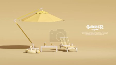 Foto de Sombrilla de playa con sillas y accesorios de playa, flamenco inflable sobre fondo amarillo pastel. Concepto de viaje de verano. Renderizado 3d de moda para banners de redes sociales, promoción. ambiente de verano - Imagen libre de derechos