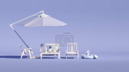 Téléchargez les photos : Parapluie de plage avec chaises et accessoires de plage sur fond violet. Concept de voyage vacances d'été. Rendez-vous 3D tendance pour les bannières de médias sociaux, la promotion. ambiance estivale - en image libre de droit