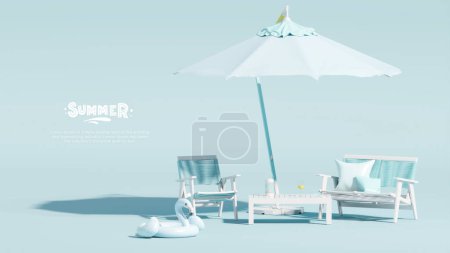 Téléchargez les photos : Parapluie avec chaises et accessoires de plage, flamant rose gonflable sur fond bleu pastel. Concept de voyage vacances d'été. Rendez-vous 3D tendance pour les bannières de médias sociaux, la promotion. ambiance estivale - en image libre de droit