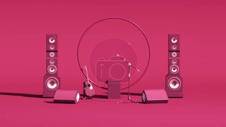 Foto de Escenario de concierto con guitarra, micrófono y altavoces sobre fondo rosa oscuro en colores vivos magenta. Concepto minimalista. Aplicación musical Concept.3D render. - Imagen libre de derechos