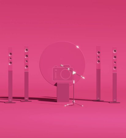 Téléchargez les photos : Scène de concert avec guitare, microphone et haut-parleurs sur fond rose foncé aux couleurs viva magenta. Concept de minimalisme. Application musicale Concept.3D render. - en image libre de droit