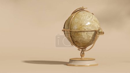 Foto de Modelo Planeta Tierra con mapa del mundo en base aislado sobre fondo beige. Mapa de Golden World. Día de la Tierra. Viajar Asia África América Europa, conceptos de infografía. 3d renderizar - Imagen libre de derechos