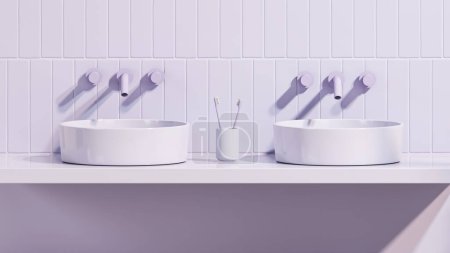 Téléchargez les photos : Comptoir vanité vide violet avec lavabo en céramique et robinet de style moderne dans une salle de bain. Couple de vacances. Espace vide pour l'affichage de maquettes de produits. Couple Brossage des dents - en image libre de droit
