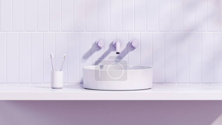 Téléchargez les photos : Comptoir vanité vide violet avec lavabo en céramique et robinet de style moderne dans une salle de bain. Couple de vacances. Espace vide pour l'affichage de maquettes de produits. Couple Brossage des dents - en image libre de droit
