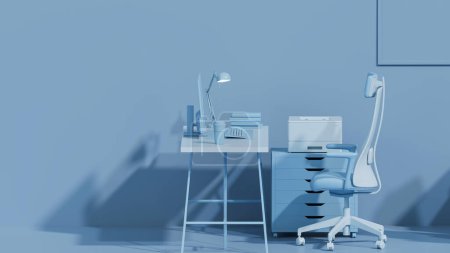 Téléchargez les photos : Le bleu pastel est une année de couleur tendance au bureau. Concept de travail d'équipe. Employé travaillant sur ordinateur. Il y a des ordinateurs de bureau sur les tables.Design d'intérieur créatif. 3d rendu - en image libre de droit