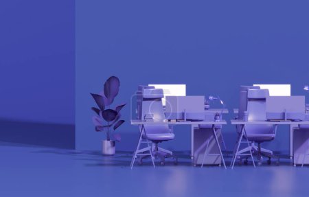 Téléchargez les photos : Le violet est une année de couleur tendance au bureau. Concept de travail d'équipe. Employé travaillant sur ordinateur. Il y a des ordinateurs de bureau sur les tables.Design d'intérieur créatif. 3d rendu - en image libre de droit
