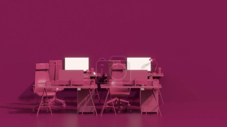 Téléchargez les photos : Viva magenta est une année de couleur tendance 2023 au bureau. Concept de travail d'équipe. Employé travaillant sur ordinateur. Il y a des ordinateurs de bureau sur les tables.Design d'intérieur créatif. 3d rendu - en image libre de droit