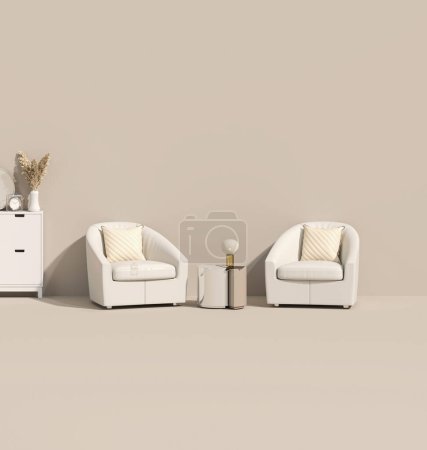 Photo for Beige armchair, dry flower vase on white and beige background. Creative composition. Light background with copy space. 3D render for web page, presentation, studio, store fashion - Royalty Free Image