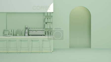 Photo for Coffee shop modern and minimal design. Furniture waiting zone pastel blue and green color, table and chairs white gloss.3D render - Royalty Free Image