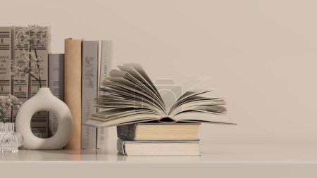 Photo for Vintage books stack and podium. Bookcase with old books in the interior. Bookstore, decoration, bookshelves in a beige and white color background. 3D render - Royalty Free Image