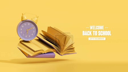 Photo for Back to school with School bus with school accessories and books on yellow and purple background. 3D Rendering, 3D Illustration. Sale horizontal banner template - Royalty Free Image