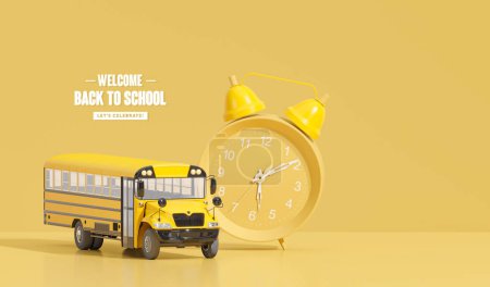 Téléchargez les photos : Retour à l'école avec autobus scolaire avec accessoires scolaires et livres sur fond jaune et violet. Rendu 3D, Illustration 3D. Vente modèle de bannière horizontale - en image libre de droit