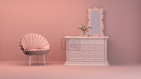 Photo for Clothes hanging on a rack, armchair on pink background. Pink walk in closet with wardrobe.  Creative composition. Light background with copy space. 3D render for web page, presentation, studio, store fashion - Royalty Free Image