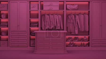 Photo for Viva magenta is a trend colour year 2023 in walk in closet with wardrobe. Clothes on a hanger, luxury armchair storage shelf in pastel coral background. 3d rendering, concept for shopping store - Royalty Free Image