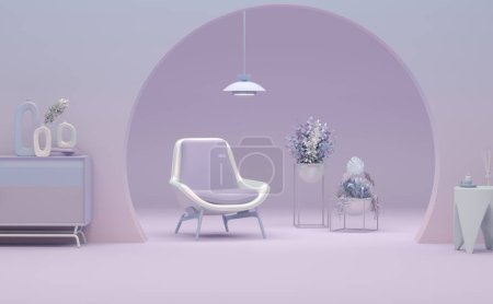 Foto de Diseño interior creativo en estudio rosa púrpura con lámpara, maceta y sillón. Fondo de color púrpura pastel. Renderizado 3D para página web, presentación o marco de imagen - Imagen libre de derechos