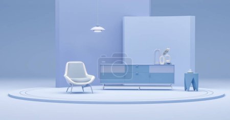 Photo for Creative interior design in pastel blue studio with sideboard, lamp, plant pot and armchair. Pastel purple color background. 3D rendering for web page, presentation or picture frame - Royalty Free Image