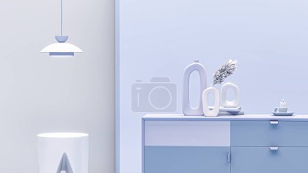 Téléchargez les photos : Design d'intérieur créatif dans un studio bleu pastel avec buffet, lampe, pot de plantes et fauteuil. Fond de couleur violet pastel. rendu 3D pour page web, présentation ou cadre photo - en image libre de droit