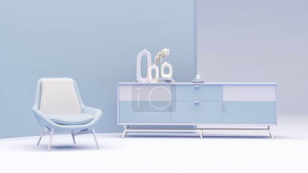 Photo for Creative interior design in pastel blue studio with sideboard, lamp, plant pot and armchair. Pastel purple color background. 3D rendering for web page, presentation or picture frame - Royalty Free Image