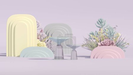Foto de 3D representación de podio y geometría abstracta con espacio vacío para niños o productos para bebés. Suculentas y cactus con fondo pastel de colores - Imagen libre de derechos