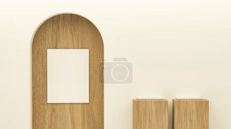 Photo for White arch podium display. Trendy minimal studio banner. Empty frame mockup   on pastel beige color background, Artwork template in interior design. 3d render - Royalty Free Image