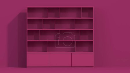 Téléchargez les photos : Viva magenta est une tendance couleur année 2023 espace de travail intérieur, bureau minimal. Concept d'idée minime pour l'étude, étagère de livre, modèle de maquette, rendu 3d - en image libre de droit
