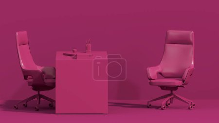 Photo for Viva magenta is a trend colour year 2023 interior workspace, minimal office table desk. Minimal idea concept for study desk, bookshelf, plant pot and feminine. Mockup template, 3d rendering - Royalty Free Image
