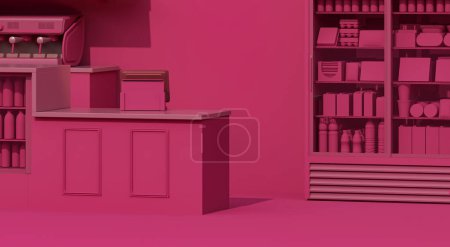 Foto de Viva magenta es el color de moda de la tienda de conveniencia. Máquina expendedora con fondo rosa oscuro, renderizado 3d. Colores planos, un solo color, muebles de restaurante. - Imagen libre de derechos
