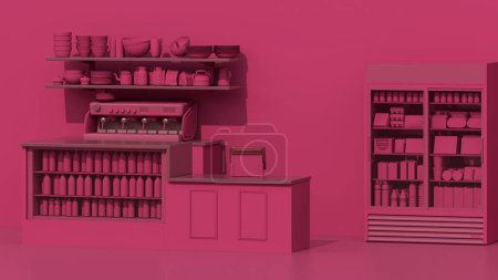 Téléchargez les photos : Viva magenta est la couleur à la mode du dépanneur. Distributeur automatique avec fond rose foncé, rendu 3d. Couleurs plates, une seule couleur, meubles de restaurant. - en image libre de droit