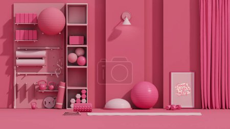 Photo for Sport fitness equipment, yoga mat, Kettlebell, dumbbells on pink background. Trendy 3d render for fitness, lifting in the gym and home. - Royalty Free Image