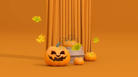 Foto de Calabazas y hojas de otoño cayendo de la cesta de ratán de madera sobre fondo amarillo anaranjado 3D Rendering. - Imagen libre de derechos