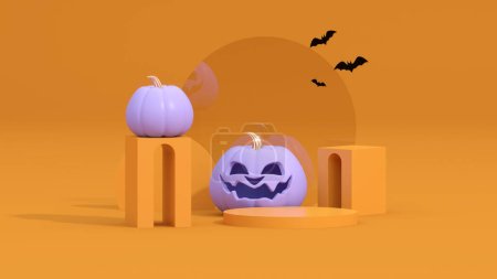 Happy Halloween on purple background. Realistic 3d design in cartoon style, stage podium, shopping bag, round studio for sales. Smiling pumpkin character with candel on geometric shape. 3d render